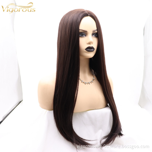 Vigorous cheap high quality long straight brown wholesale heat resistant for black women synthetic wig none lace